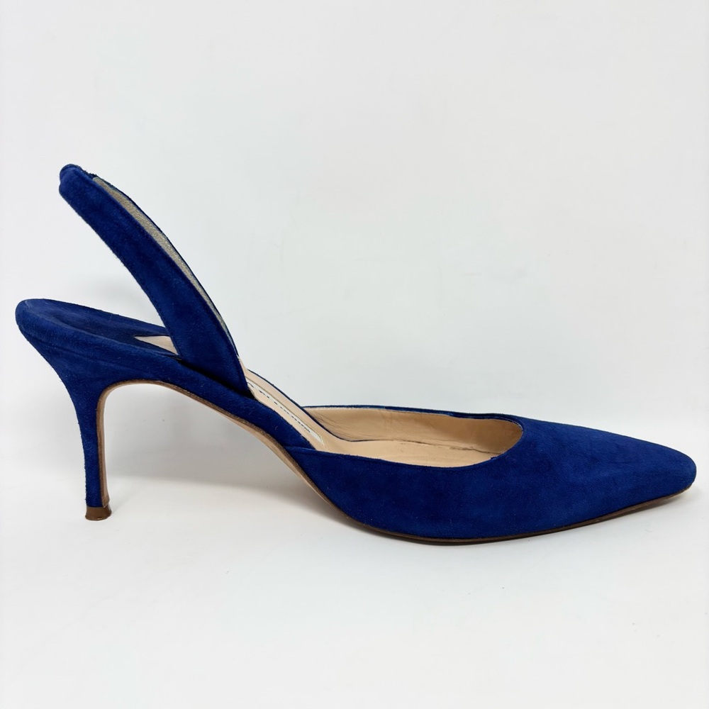 Manolo Blahnik Navy Blue Slingback Pointed-Toe Heels - Picture 11 of 16